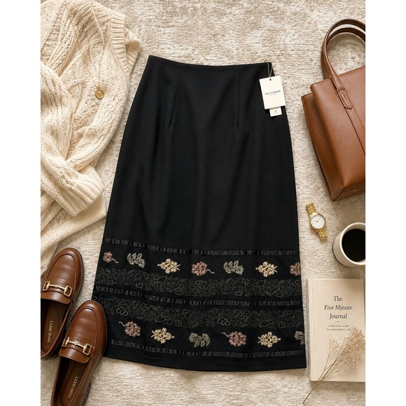 Sag Harbor Dresses & Skirts - NWT Sag Harbor Black Embroidered Midi Skirt Womens 8 Modest Office Cottagecore
